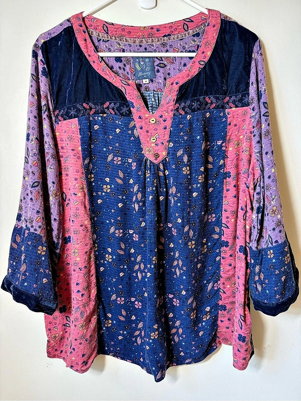 Mantaray boho patchwork tunic top floral and velvet mixed print